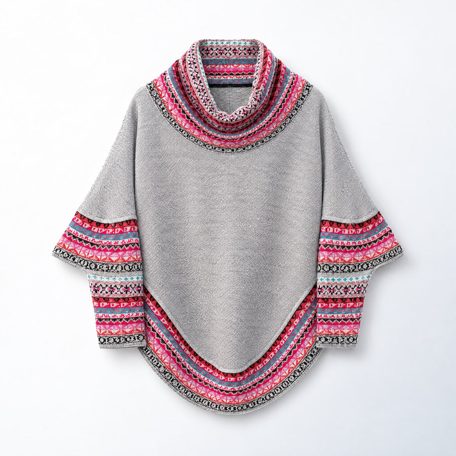 Light Grey & Pink Fair Isle Alpaca Poncho with Sleeves on a plain white background