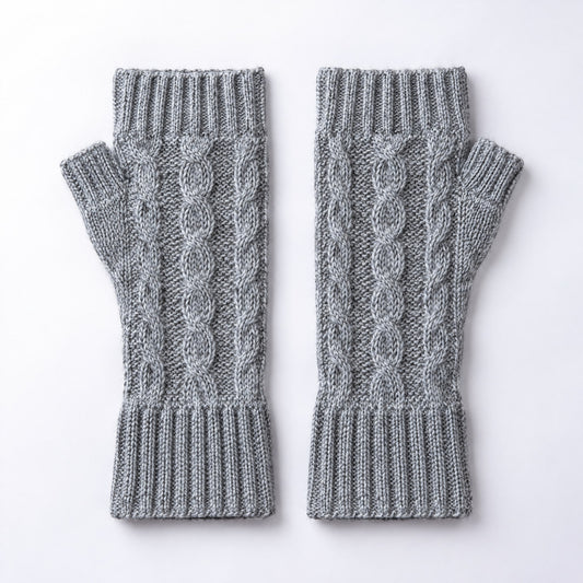 Light Grey Cable Knit Alpaca Fingerless Gloves on a plain white background