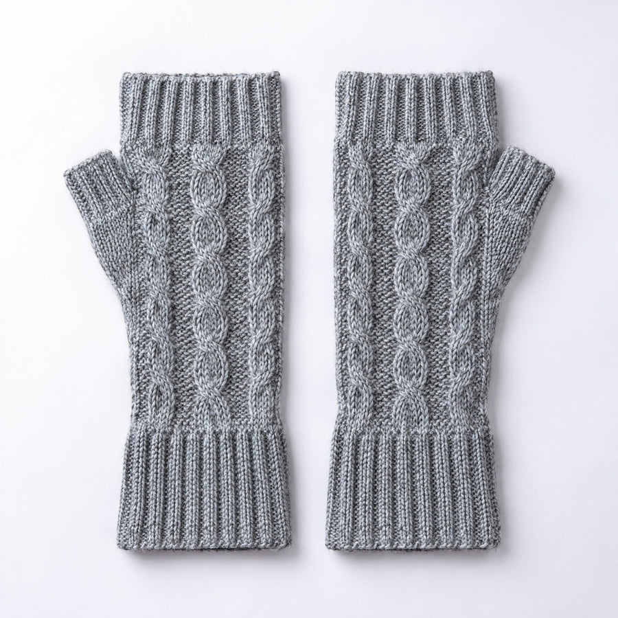 Light Grey Cable Knit Alpaca Fingerless Gloves on a plain white background