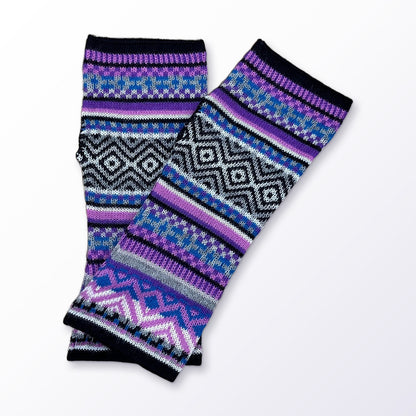 Lilac & Black Fair Isle Baby Alpaca Fingerless Gloves on a plain white background