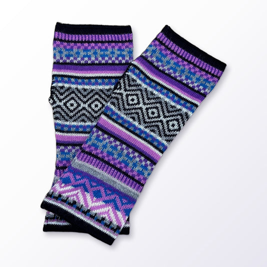 Lilac & Black Fair Isle Baby Alpaca Fingerless Gloves on a plain white background