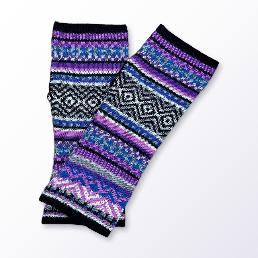 Lilac & Black Fair Isle Baby Alpaca Fingerless Gloves on a plain white background
