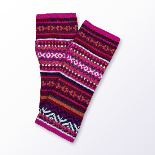 Magenta & Burgundy Fair Isle Baby Alpaca Fingerless Gloves on a plain white background