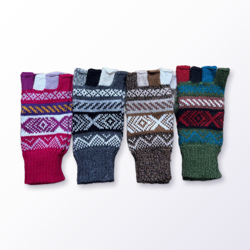 Magenta & Charcoal Andean Fair Isle Half-Finger Alpaca Gloves on a plain white background