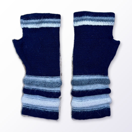 Midnight Navy Striped Cuff Baby Alpaca Fingerless Gloves on a plain white background