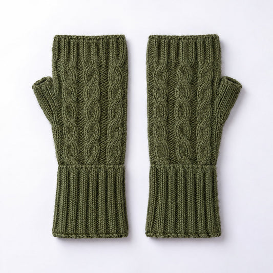 Military Green Cable Knit Alpaca Fingerless Gloves on a plain white background