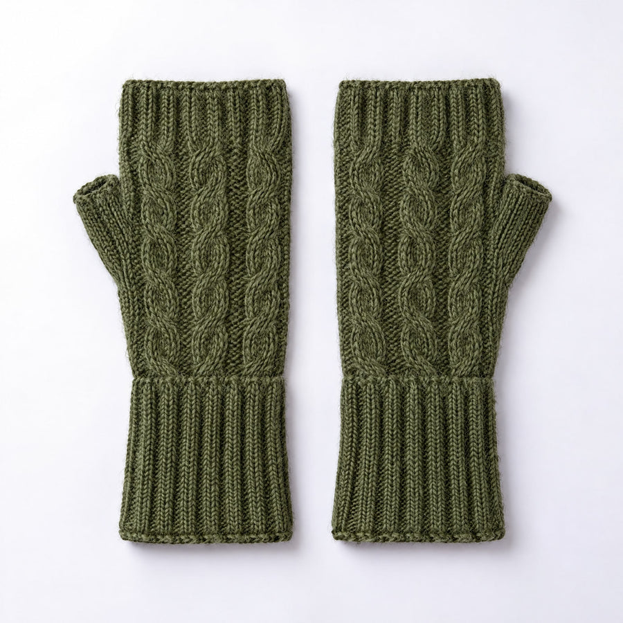 Military Green Cable Knit Alpaca Fingerless Gloves on a plain white background