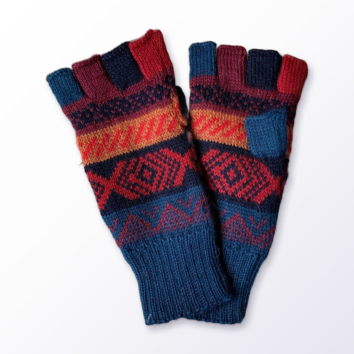Multicolour Andean Fair Isle Alpaca Fingerless Gloves on a plain white background