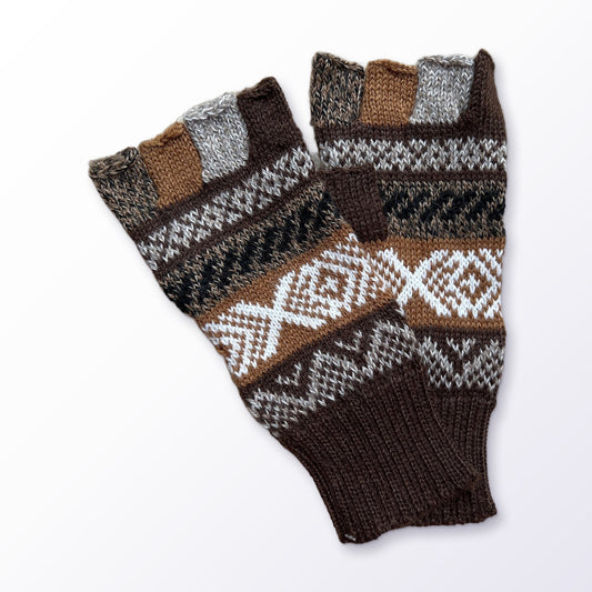 Multicolour Andean Fair Isle Half-Finger Alpaca Gloves on a plain white background