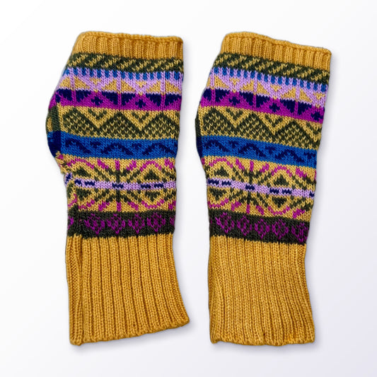 Mustard Fair Isle Alpaca Fingerless Gloves on a plain white background