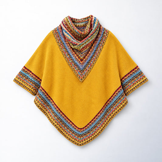 Mustard Fair Isle Alpaca Poncho with Sleeves on a plain white background
