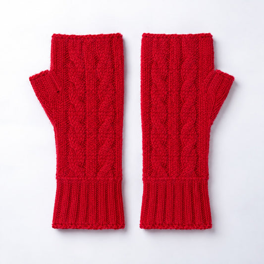Scarlet Red Cable Knit Alpaca Fingerless Gloves on a plain white background