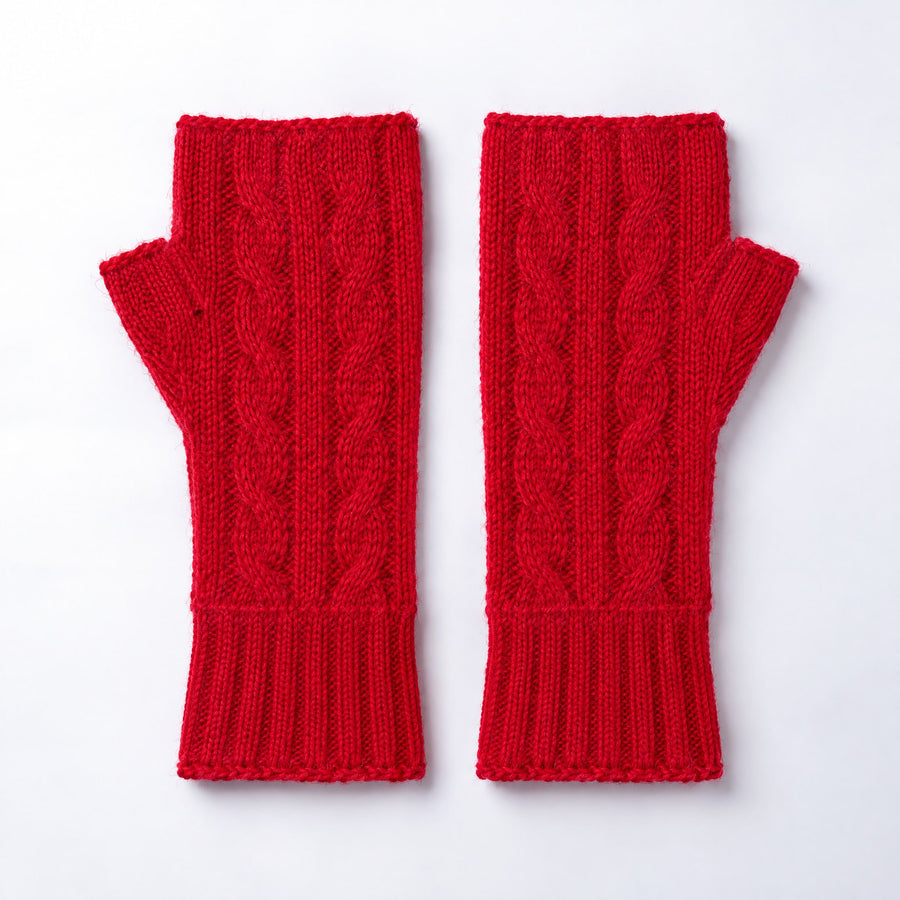 Scarlet Red Cable Knit Alpaca Fingerless Gloves on a plain white background