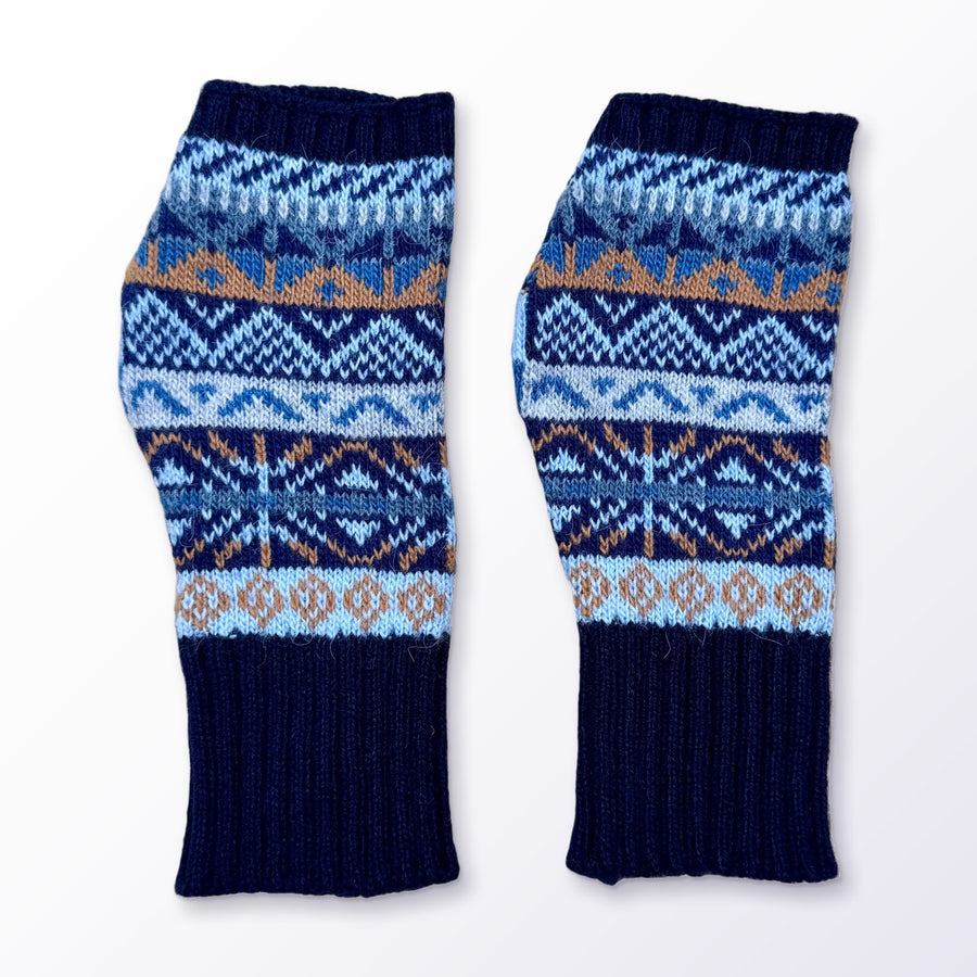 Navy & Sky Blue Fair Isle Alpaca Fingerless Gloves on a plain white background