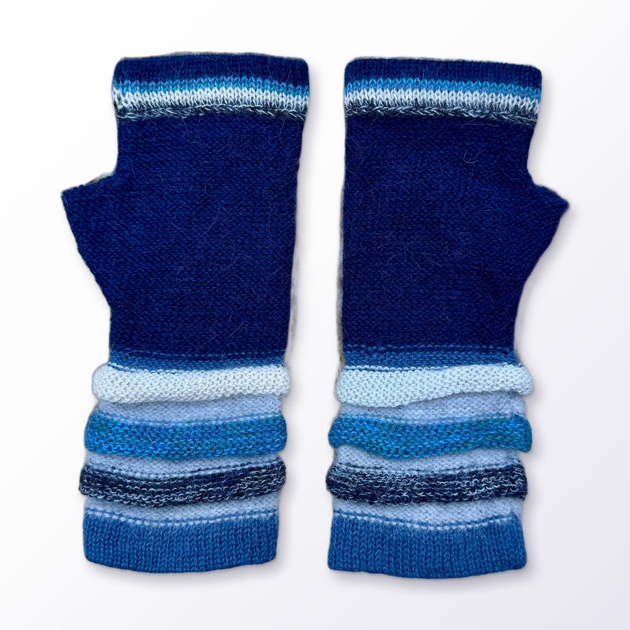Navy & Sky Blue Striped Cuff Baby Alpaca Fingerless Gloves on a plain white background