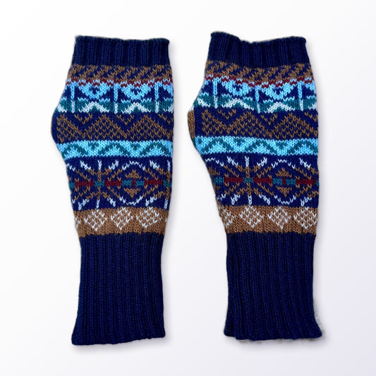 Navy & Turquoise Fair Isle Alpaca Fingerless Gloves on a plain white background