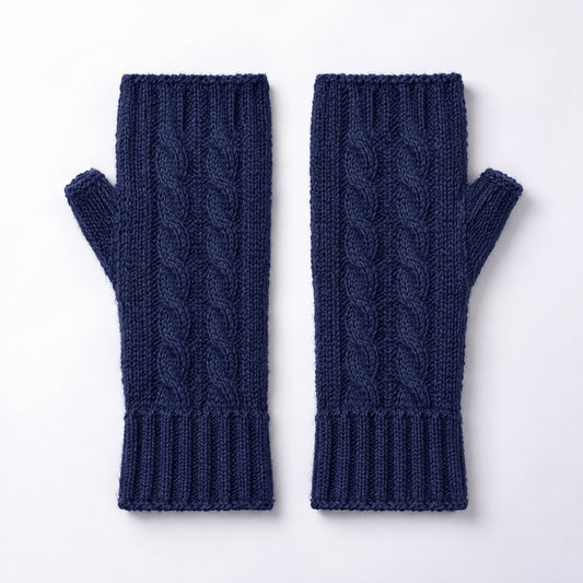 Navy Blue Cable Knit Alpaca Fingerless Gloves on a plain white background
