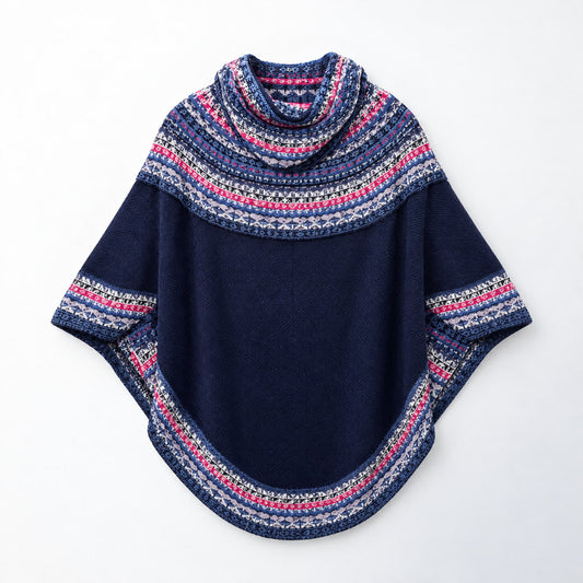 Navy Blue Fair Isle Alpaca Poncho with Sleeves on a plain white background