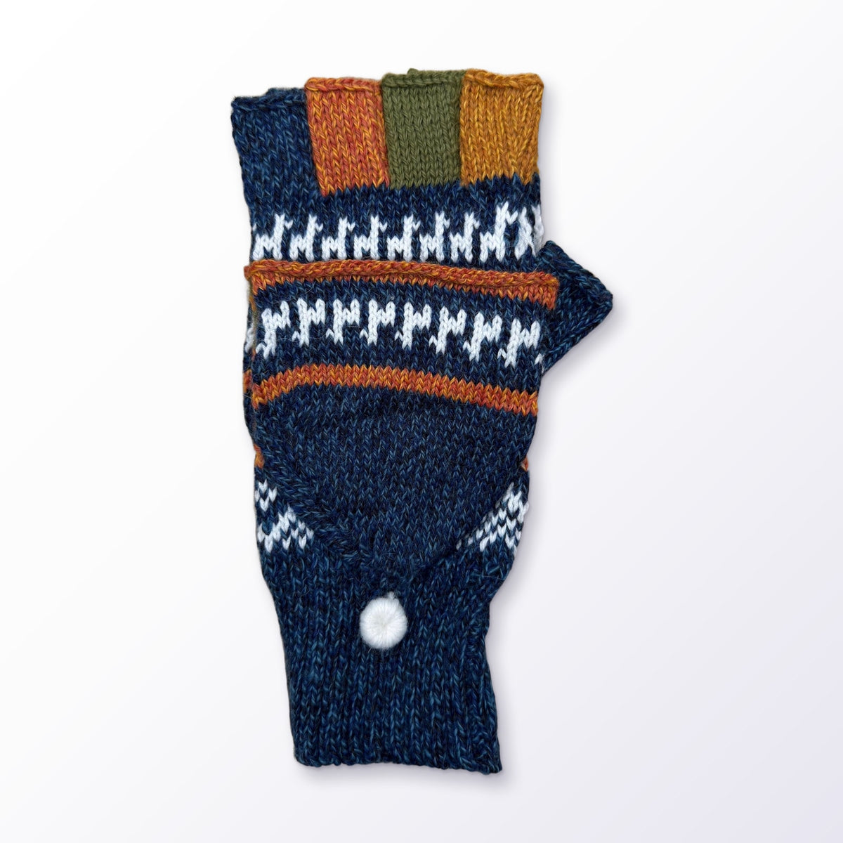 Navy & Blue Llama Half-Thumb Convertible Alpaca Mittens on a plain white background