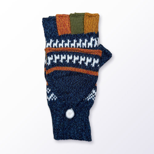 Navy & Blue Llama Half-Thumb Convertible Alpaca Mittens on a plain white background
