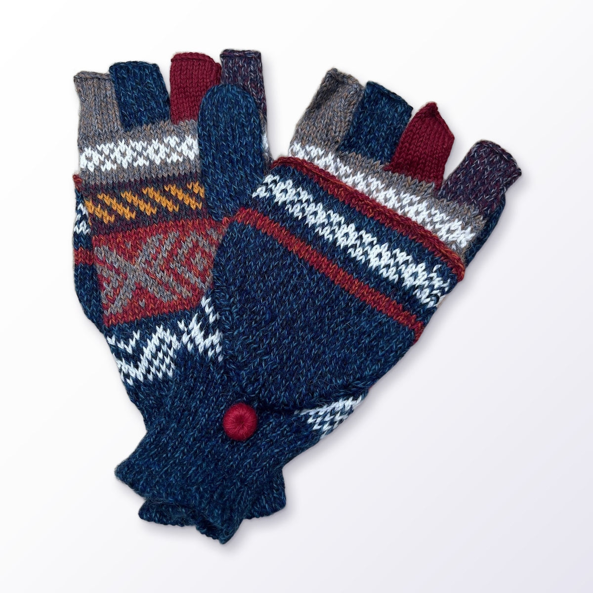 Navy & Denim Fair Isle Convertible Alpaca Mittens on a plain white background