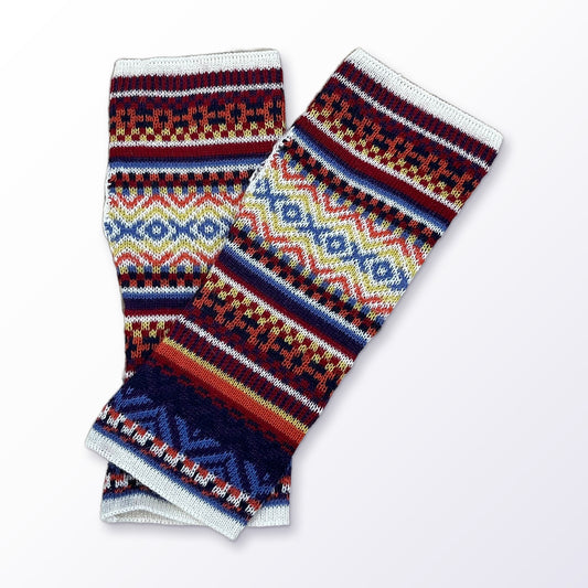 Navy & Mustard Fair Isle Baby Alpaca Fingerless Gloves on a plain white background