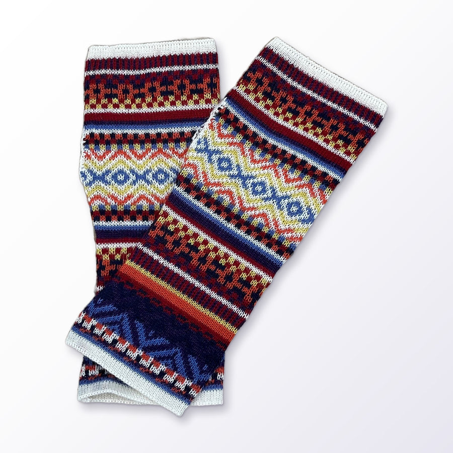 Navy & Mustard Fair Isle Baby Alpaca Fingerless Gloves on a plain white background