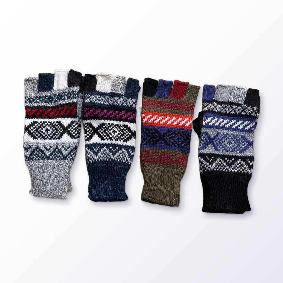 Navy & Plum Andean Fair Isle Half-Finger Alpaca Gloves on a plain white background