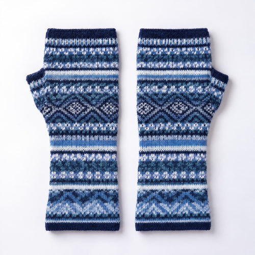Navy & Powder Blue Fair Isle Baby Alpaca Fingerless Gloves on a plain white background