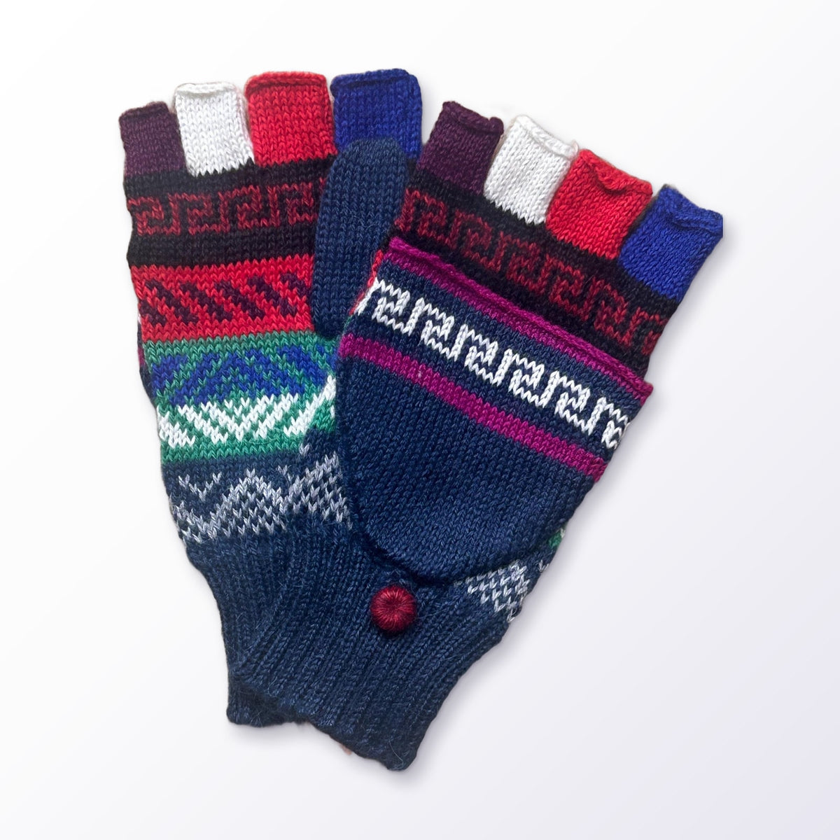 Navy & Raspberry Greek Key Convertible Alpaca Mittens on a plain white background