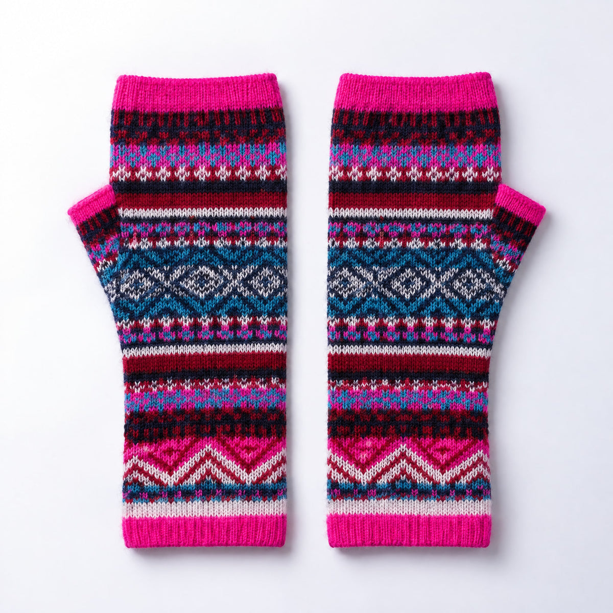 Neon Pink & Teal Fair Isle Baby Alpaca Fingerless Gloves on a plain white background