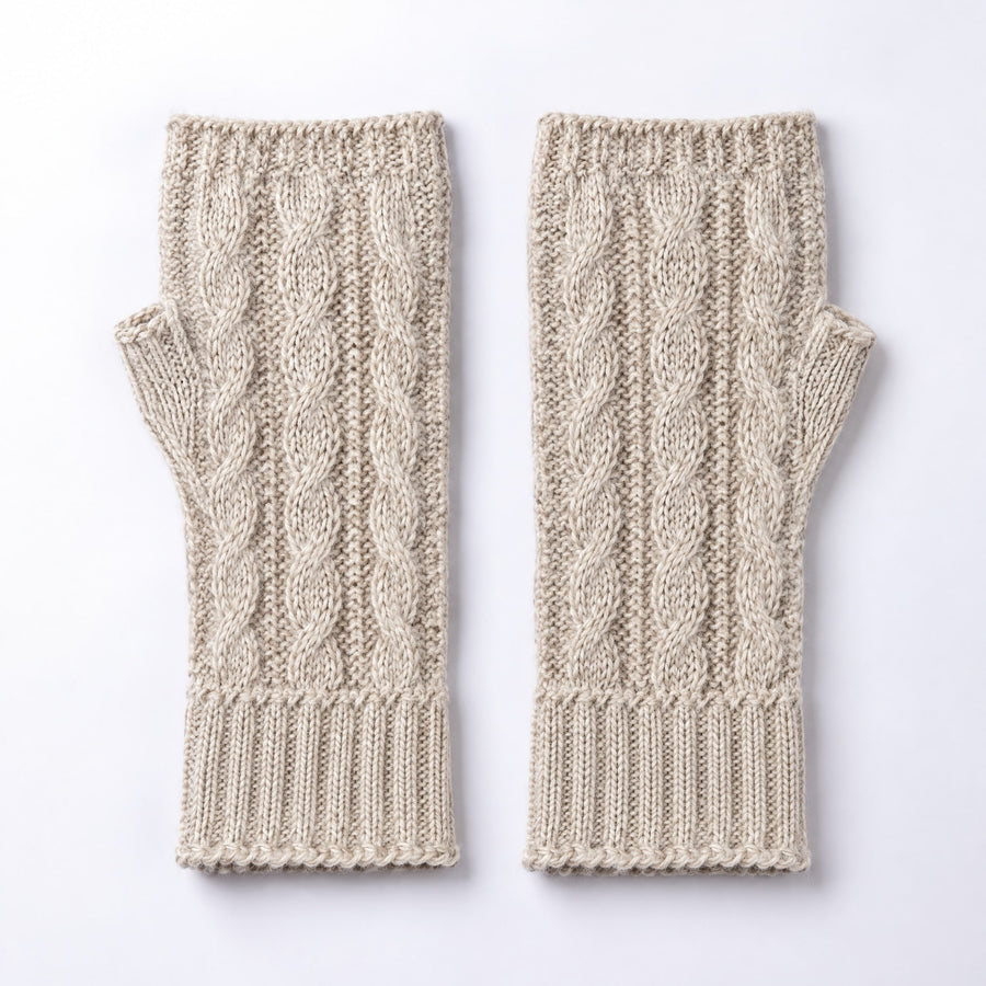 Oatmeal Beige Cable Knit Alpaca Fingerless Gloves on a plain white background