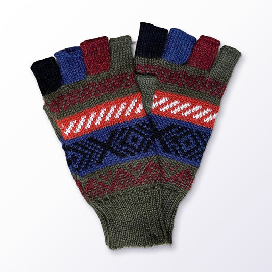 Olive Green Andean Fair Isle Half-Finger Alpaca Gloves on a plain white background