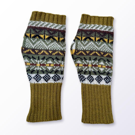 Olive Green Fair Isle Alpaca Fingerless Gloves on a plain white background