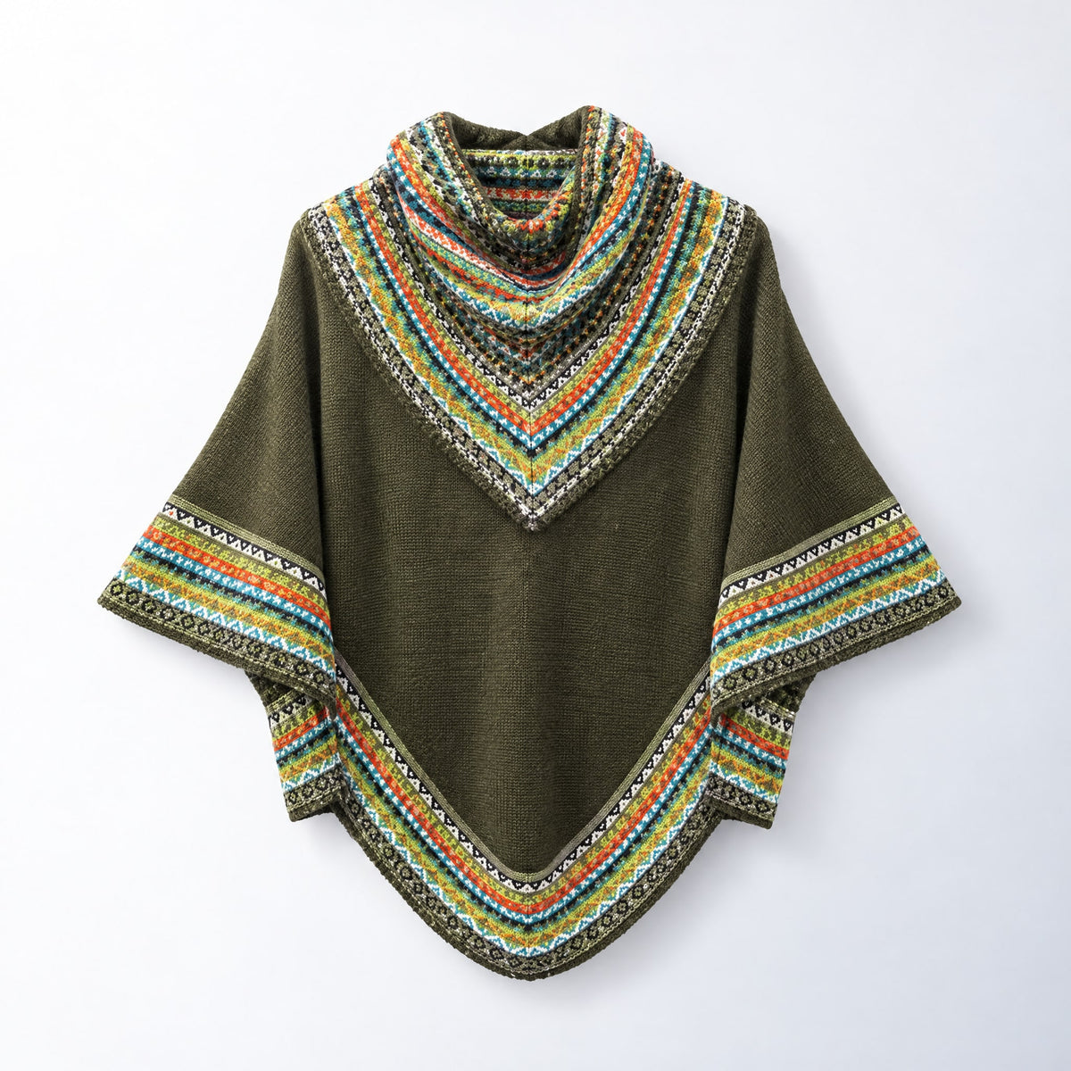 Olive Green Fair Isle Alpaca Poncho with Sleeves on a plain white background