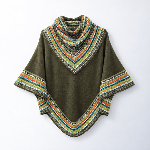 Olive Green Fair Isle Alpaca Poncho with Sleeves on a plain white background