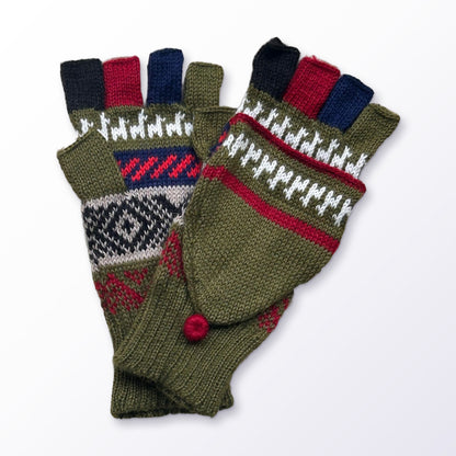 Olive & Navy Llama Half-Thumb Convertible Alpaca Mittens on a plain white background