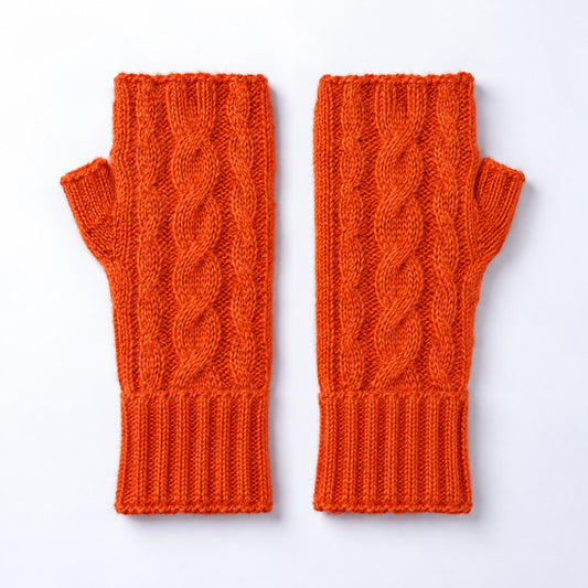 Orange Cable Knit Alpaca Fingerless Gloves on a plain white background