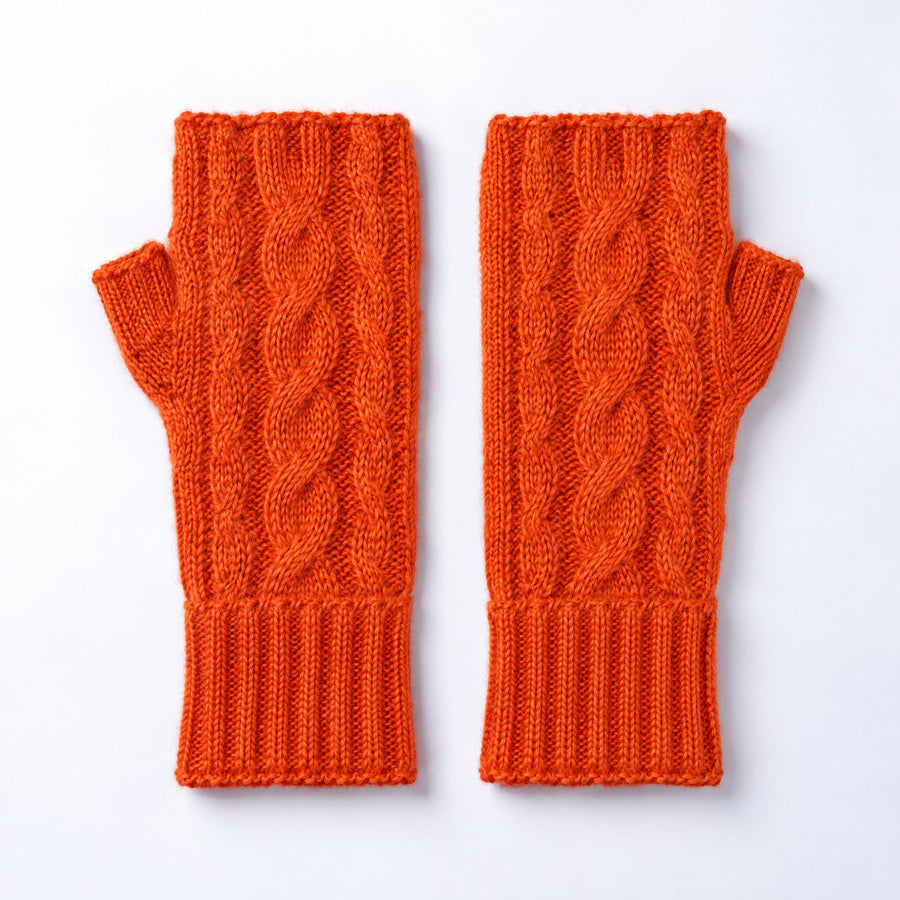 Orange Cable Knit Alpaca Fingerless Gloves on a plain white background
