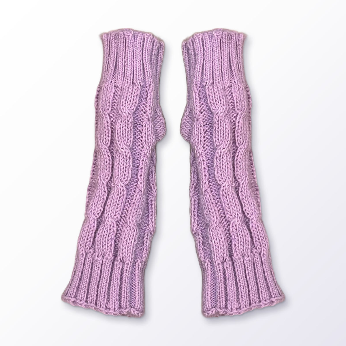 Pale Lilac Pink Cable Knit Alpaca Fingerless Gloves on a plain white background