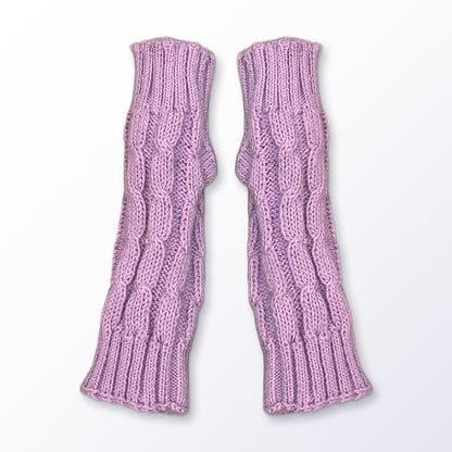 Pale Lilac Pink Cable Knit Alpaca Fingerless Gloves on a plain white background