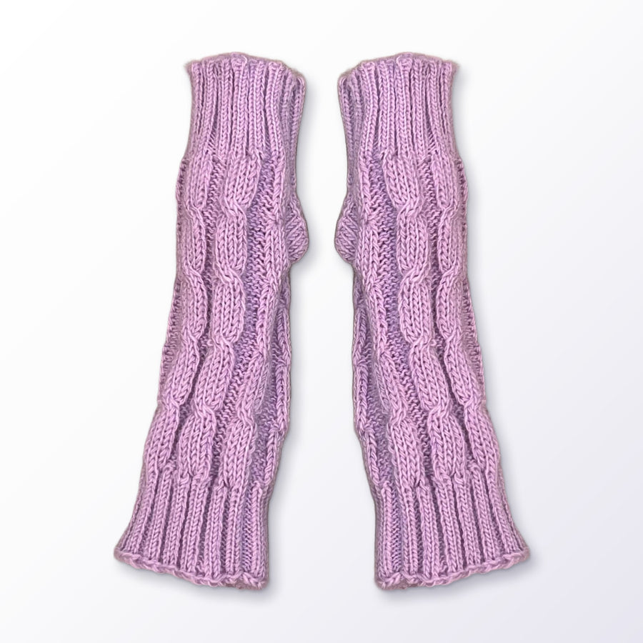 Pale Lilac Pink Cable Knit Alpaca Fingerless Gloves on a plain white background