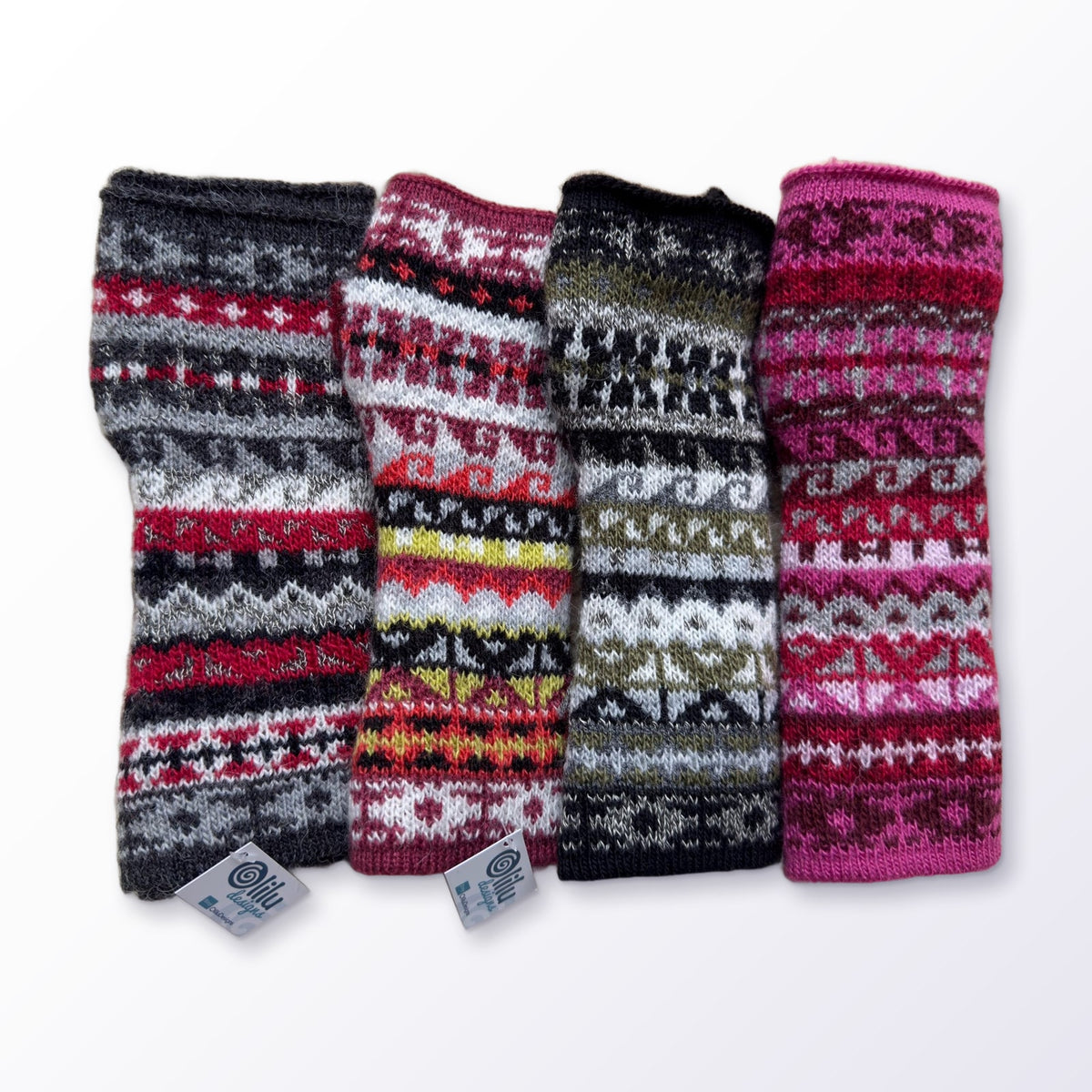 Peruvian Striped Alpaca Fingerless Gloves on a plain white background