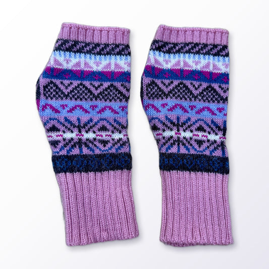 Pink & Lavender Fair Isle Alpaca Fingerless Gloves on a plain white background