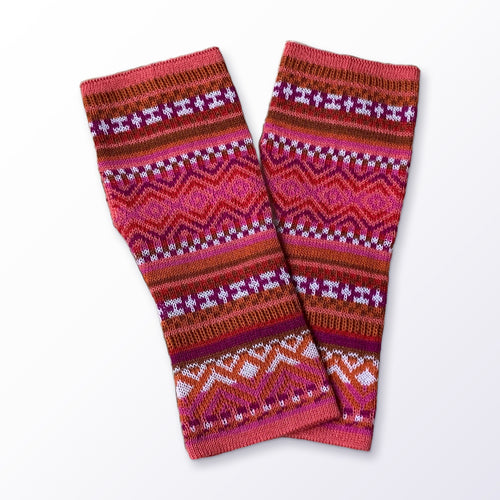 Pink & Orange Fair Isle Baby Alpaca Fingerless Gloves on a plain white background