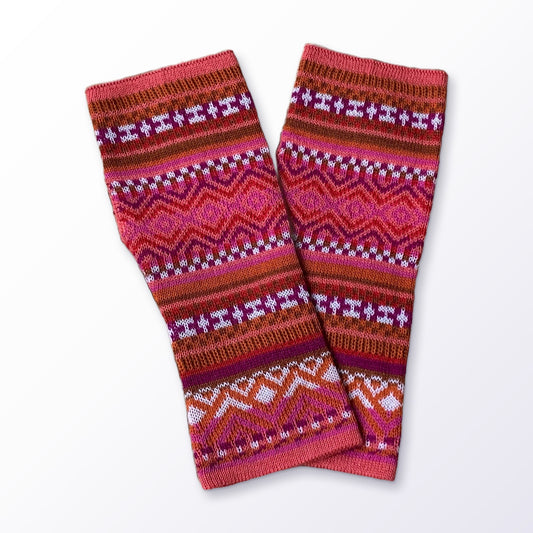 Pink & Orange Fair Isle Baby Alpaca Fingerless Gloves on a plain white background