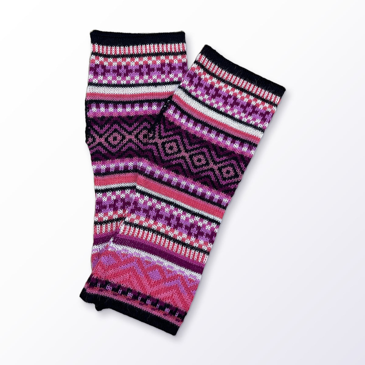 Pink & Plum Fair Isle Baby Alpaca Fingerless Gloves on a plain white background