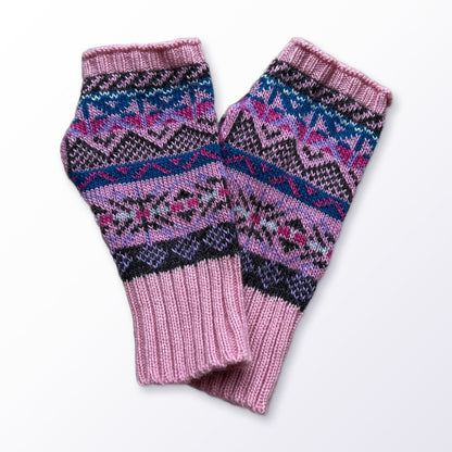 Pink & Teal Fair Isle Alpaca Fingerless Gloves on a plain white background