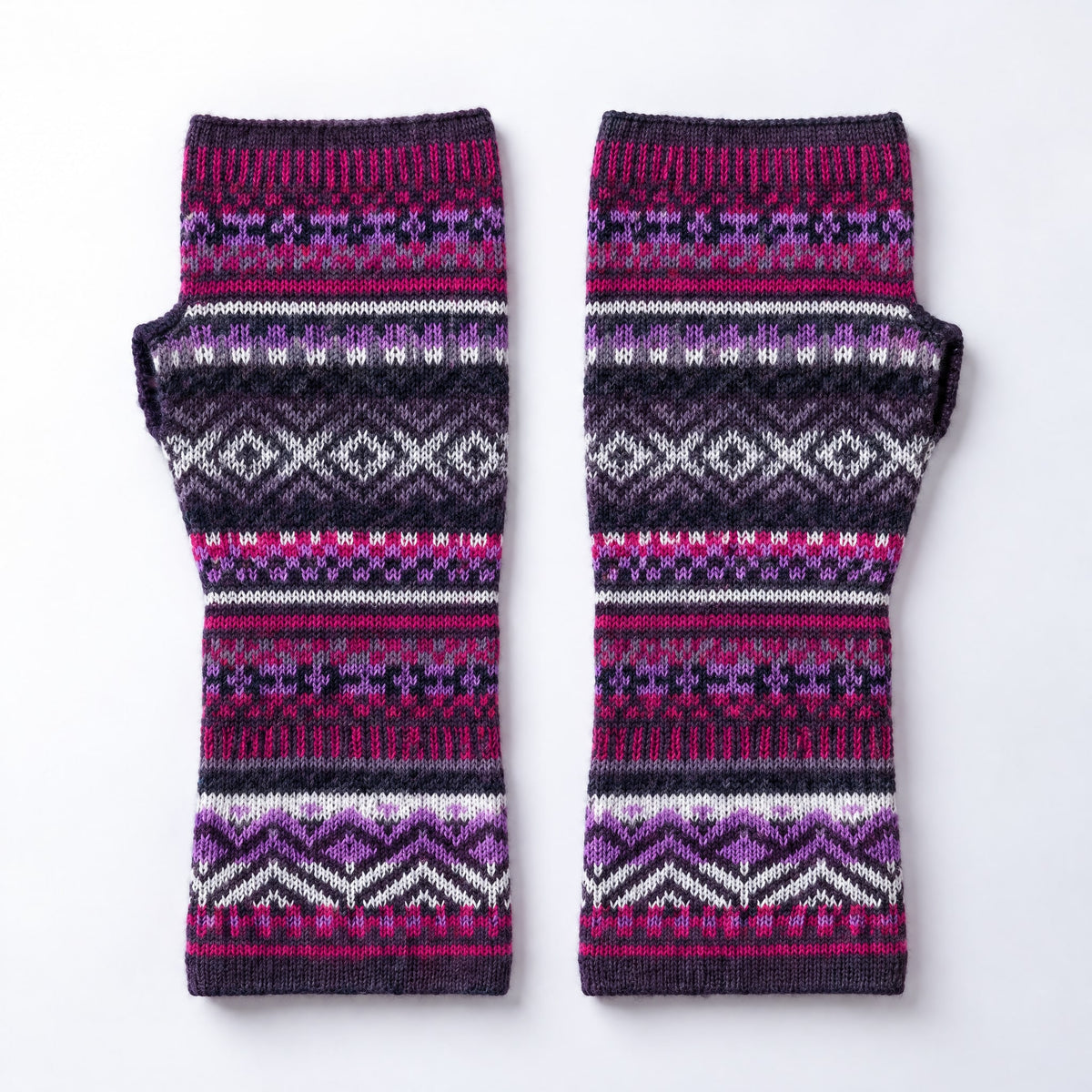 Plum & Magenta Fair Isle Baby Alpaca Fingerless Gloves on a plain white background