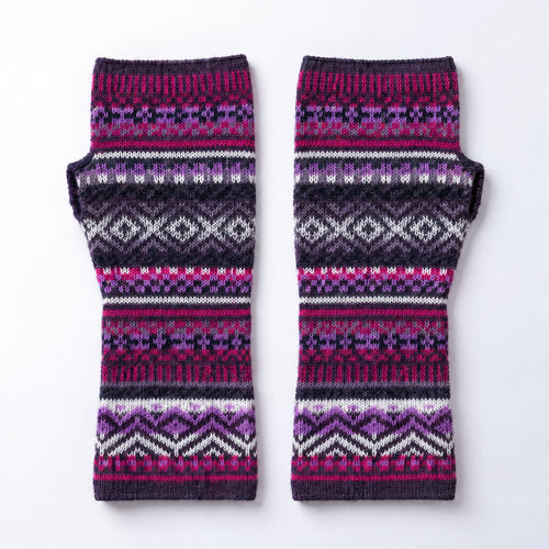 Plum & Magenta Fair Isle Baby Alpaca Fingerless Gloves on a plain white background